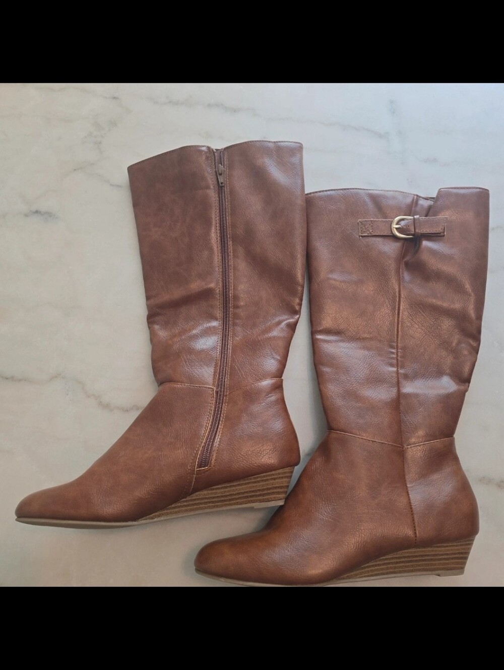 NEW Women’s Size 10 Cognac Brown Knee High Wedge Boots Buckle Riding Style